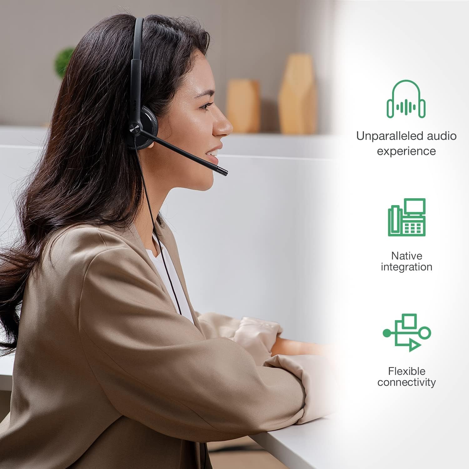 Phone Headsets for Office Phones YHS34 Lite QD to RJ9 Wired Headset Compatible with Poly Snom Grandstream Phones Desk Landline Headset with Microphone -Dual/111G/2.1M Cable