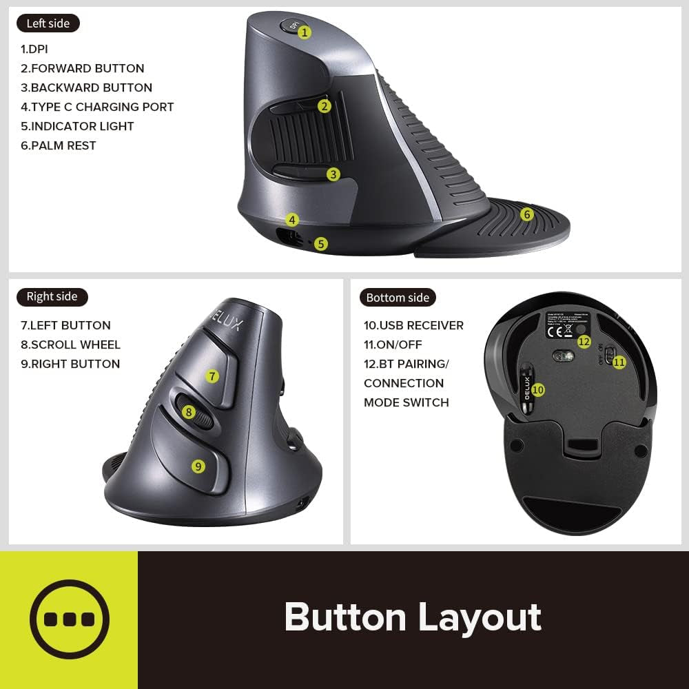 Rechargeable Ergonomic Wireless Mouse Silent, 1600DPI, Reduce Hand and Wrist Pain, Vertical Mouse with USB Receiver and BT 5.0, 6 Buttons and Removable Palm Rest (M618G Db-Black)