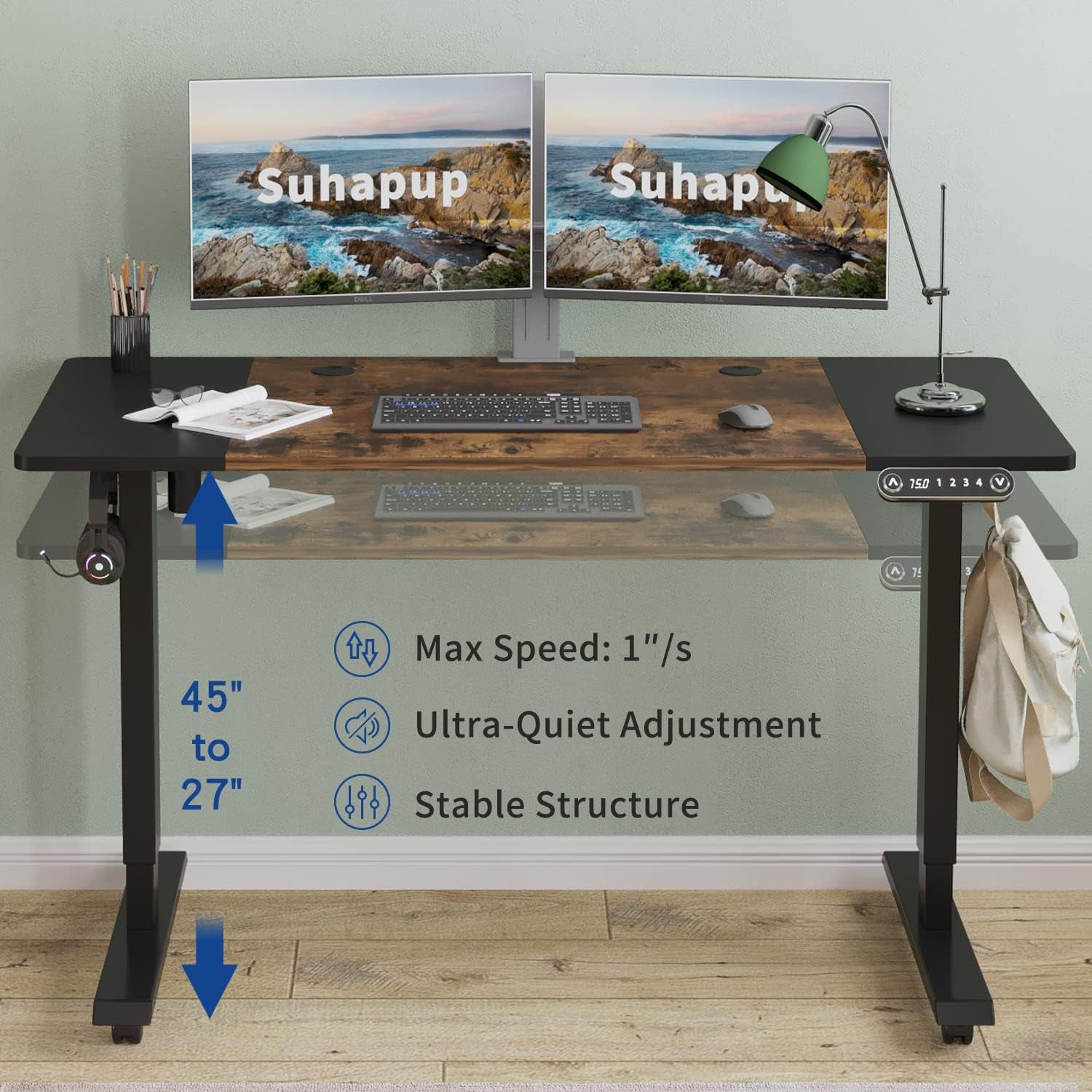 Electric Adjustable Height Standing Desk, 55 X 24 Inches Sit - Stand Desk for Work or Home Office 4 Preset Heights Easy to Set， Rustic Brown + Black Splice Board/Black Frame