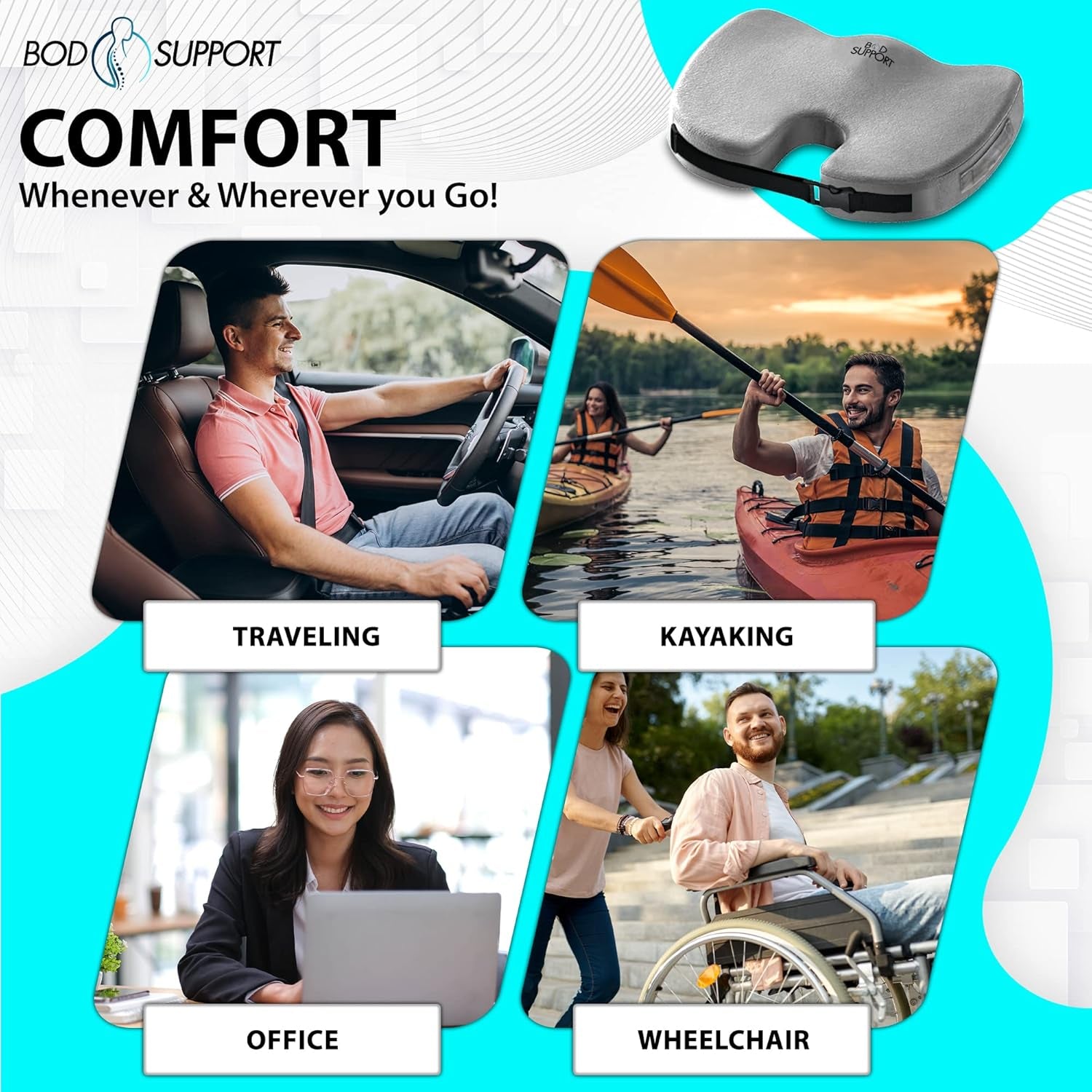 Seat Cushion with Straps - Seat Cushions for Office Chairs, Car Seat Cushion for Tailbone Pain Relief Cushion Design to Relieve Sciatica Coccyx Design from Prolonged Sitting (Grey)