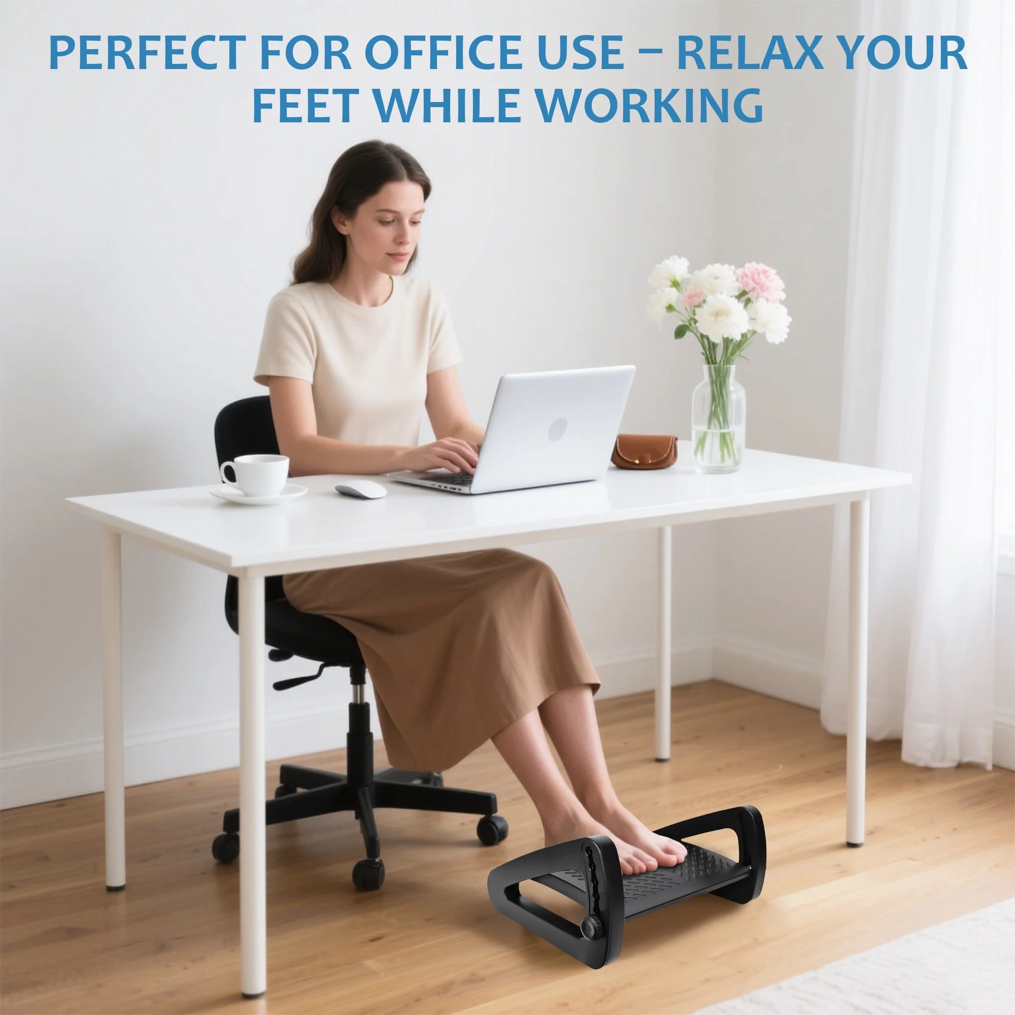 Adjustable Ergonomic Foot Rest under Desk with 6 Heights, Massage Surface & Rollers, Portable Foot Stool for Office, Home & Travel – Black