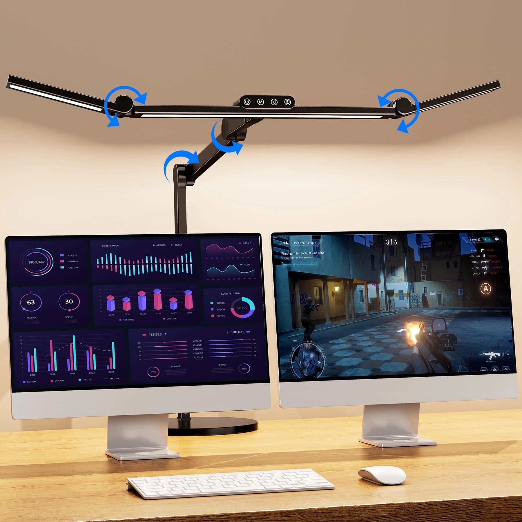 LED Desk Lamp with Base, 270°-360° Angle-Adjustable 3-Light Bars Architect Office Desk Lamp , 24W Desk Lights for Home Office, Eye Care Auto Stepless Dimming Desk Light, 7×5 Lighting Modes