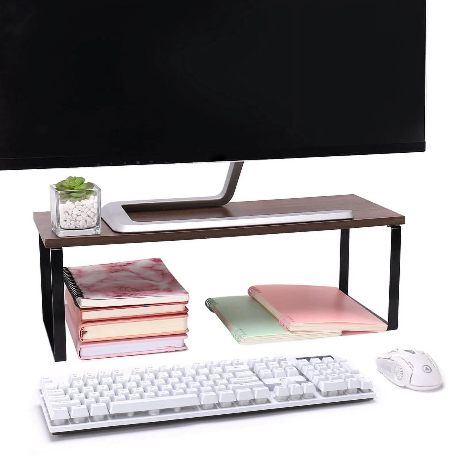 20 Inch Monitor Stand Riser, Wood Desk Storage Organizer Computer Monitor Stand for Office Computer, Laptop, Small Printer