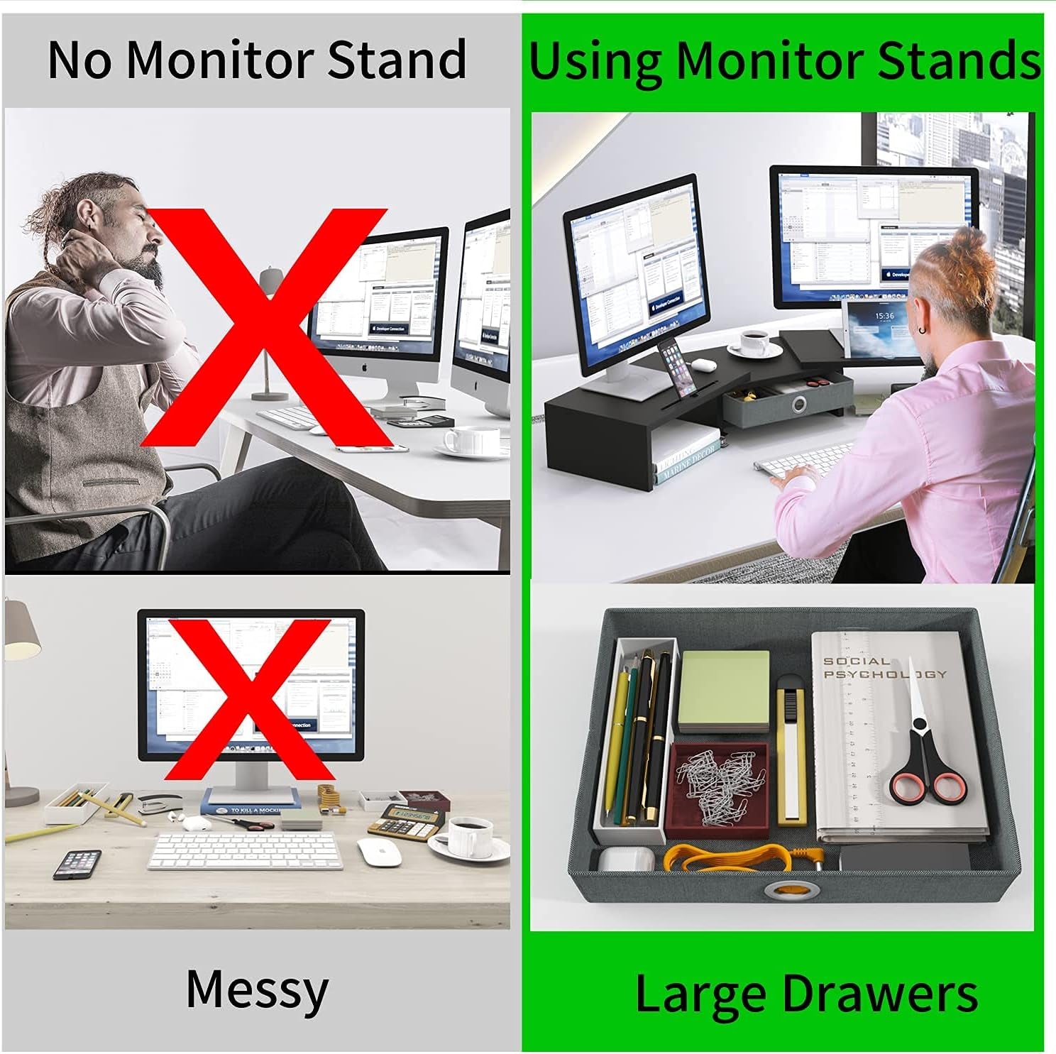 Dual Monitor Stand Riser with Drawer, Adjustable Length and Angle Monitor 2 Solts for Phone & Tablet, Desktop Organizer Stand for Computer/Laptop/Pc/Printer