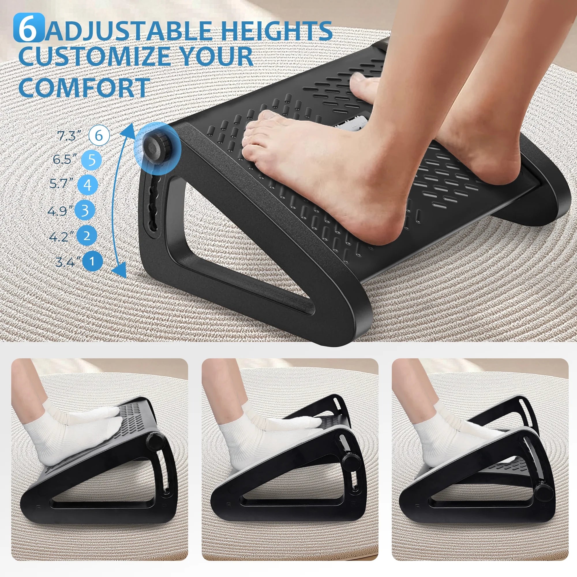 Adjustable Ergonomic Foot Rest under Desk with 6 Heights, Massage Surface & Rollers, Portable Foot Stool for Office, Home & Travel – Black