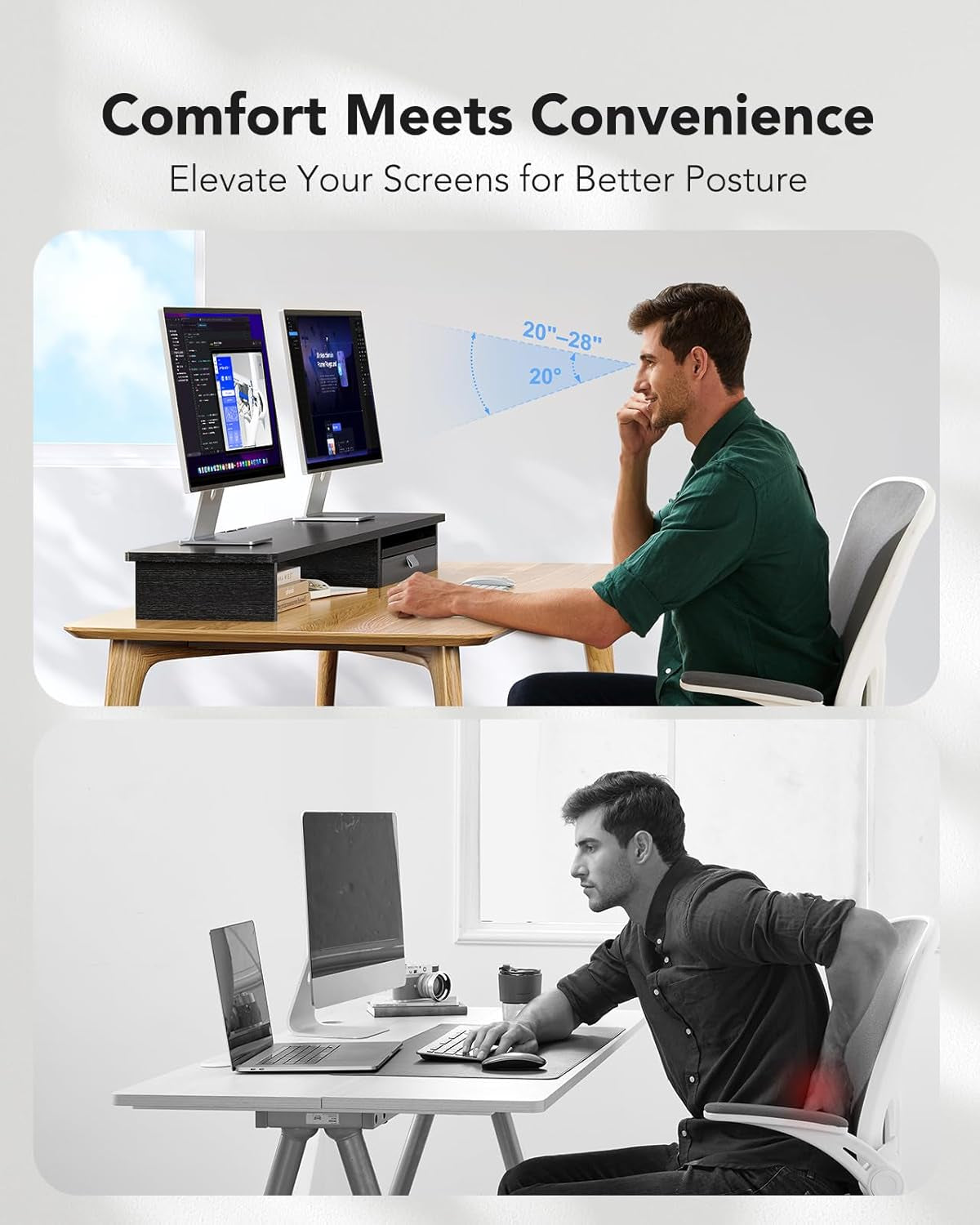 Large Dual Monitor Stand with Drawer, Wood Monitor Stand Riser for 2 Monitors Wi