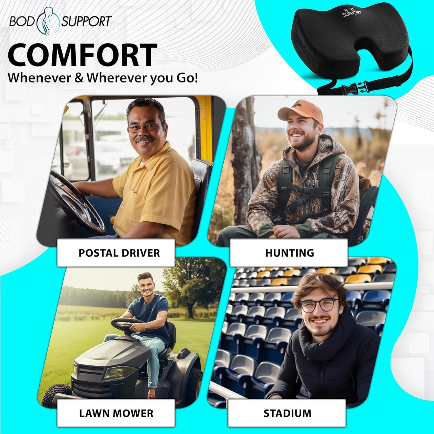 Seat Cushions for Office Chairs, Desk Chairs, and Car Seats - Enhances Posture and Support - Non-Slip Ergonomic Design with Adjustable Straps - Sciatica and Tailbone Relief (Black)