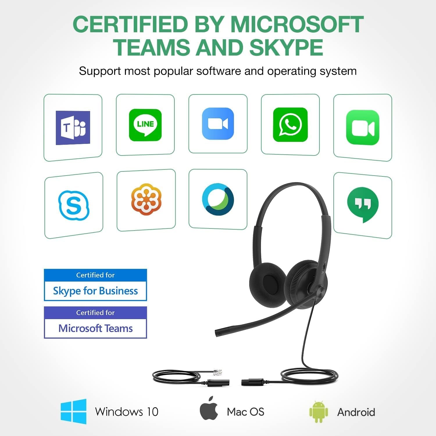 Phone Headsets for Office Phones YHS34 Lite QD to RJ9 Wired Headset Compatible with Poly Snom Grandstream Phones Desk Landline Headset with Microphone -Dual/111G/2.1M Cable