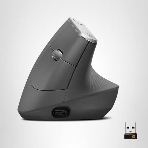 Logitech MX Vertical Wireless Mouse – Ergonomic Design Reduces Muscle Strain, Move Content Between 3 Windows and Apple Computers, Rechargeable, Graphite
