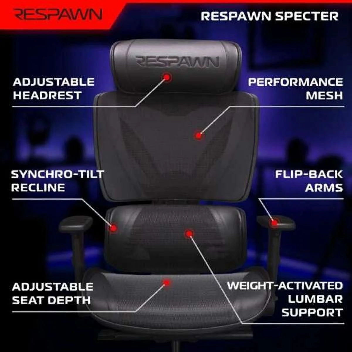 SPECTER Ergonomic Mesh Office Chair - High Back Computer Chair, Gaming Chair, Desk Chair with Adjustable Lumbar Support/Armrests/Headrest, Gaming Chairs Seat Slide & Tilt Recline - Black