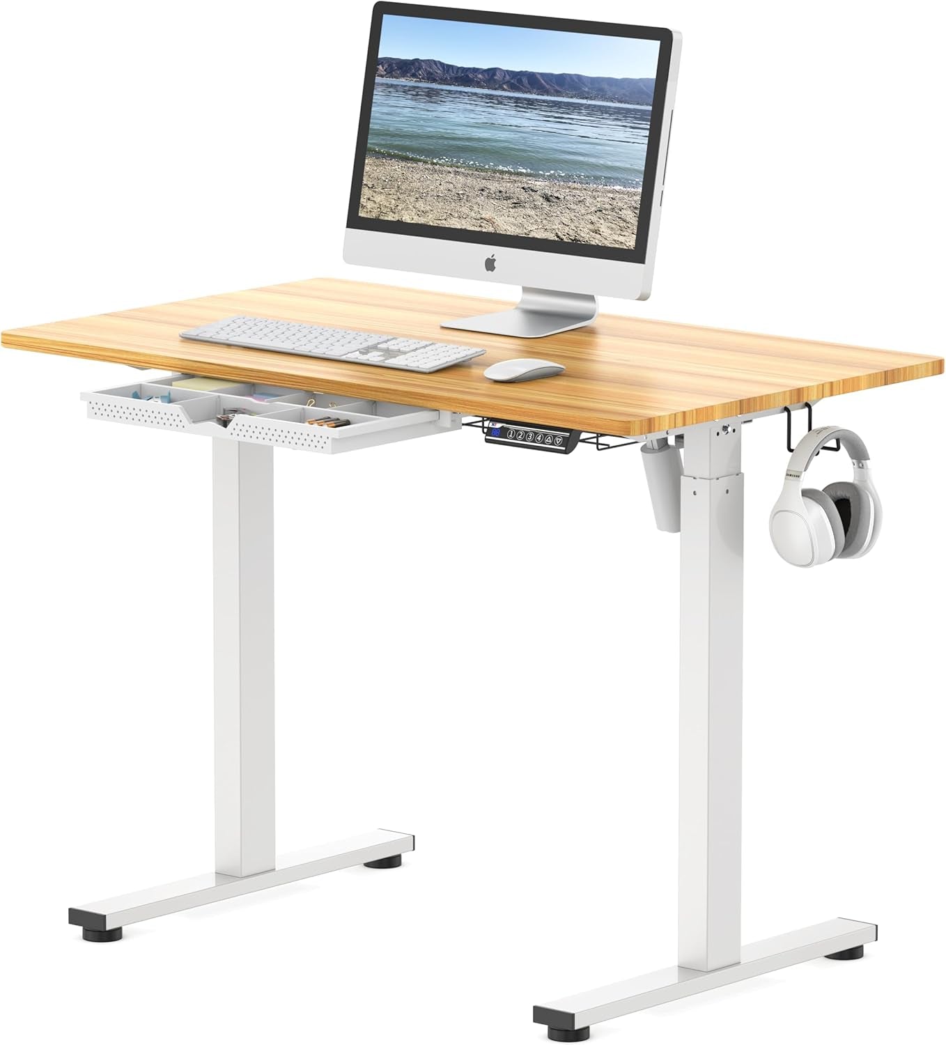 40-Inch Electric Height Adjustable Standing Desk with Drawer, Memory Preset and Cable Management Tray, Oak