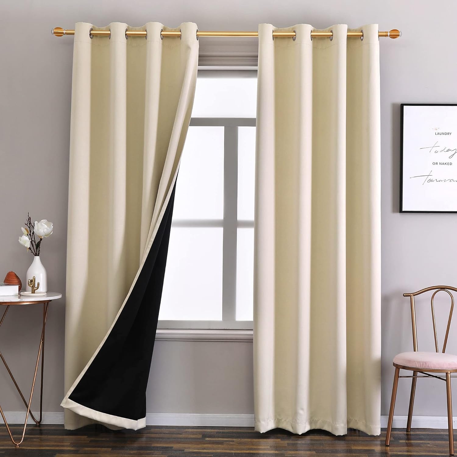 Cream Blackout Curtains for Bedroom Living Room Window, Black Out Thermal Curtains & Drapes, Grommet Solid Thermal Insulated Soundproof Curtains, 2 Panels 52X108
