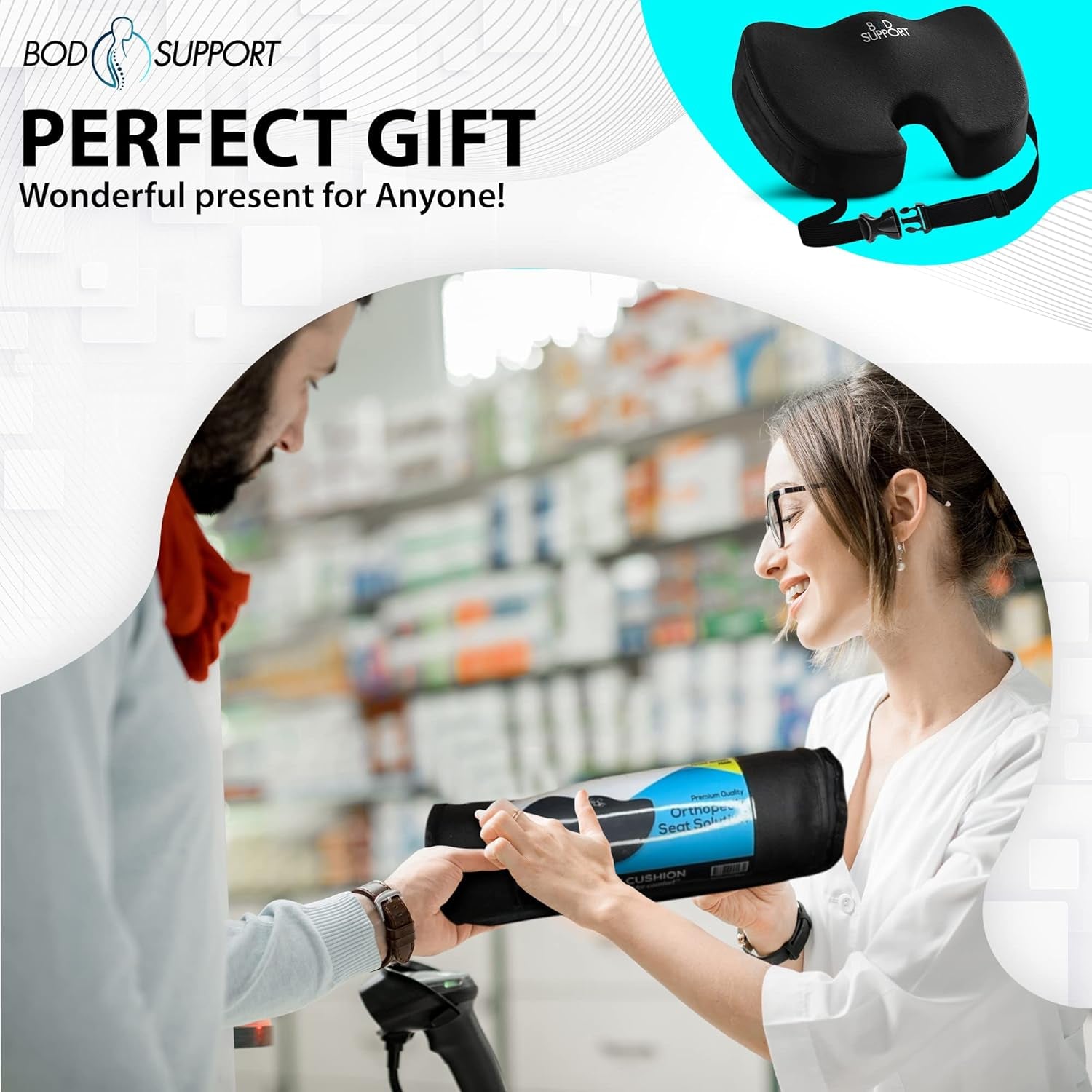 Seat Cushions for Office Chairs, Desk Chairs, and Car Seats - Enhances Posture and Support - Non-Slip Ergonomic Design with Adjustable Straps - Sciatica and Tailbone Relief (Black)