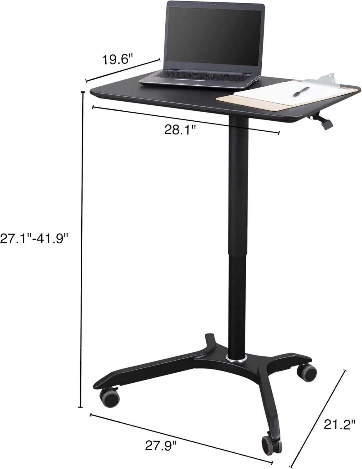 Pneumatic Adjustable Height Rolling Mobile Laptop Standing Desk Cart (Black Frame/Black Top, 28" Wide)
