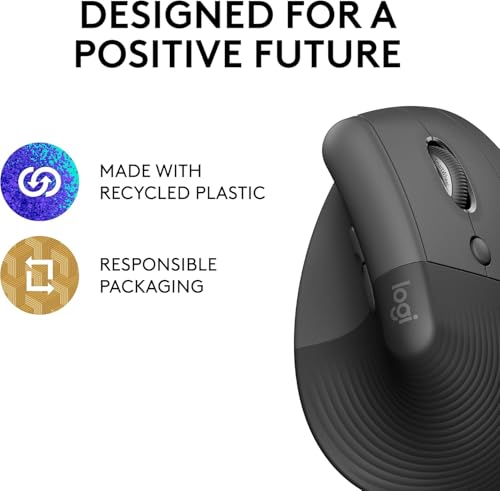 Logitech Lift Vertical Ergonomic Mouse, Wireless Bluetooth or USB Receiver, Quiet Clicks, 4 Buttons, Right Hand Wireless Mouse, Windows/macOS/iPadOS, Laptop, PC - Graphite