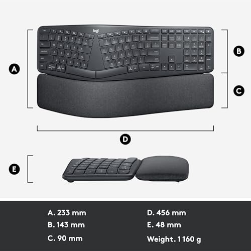Logitech Ergo K860 Wireless Ergonomic Keyboard - Split Keyboard, Wrist Rest, Natural Typing, Stain-Resistant Fabric, Bluetooth and USB Connectivity, Compatible with Windows/Mac, Black