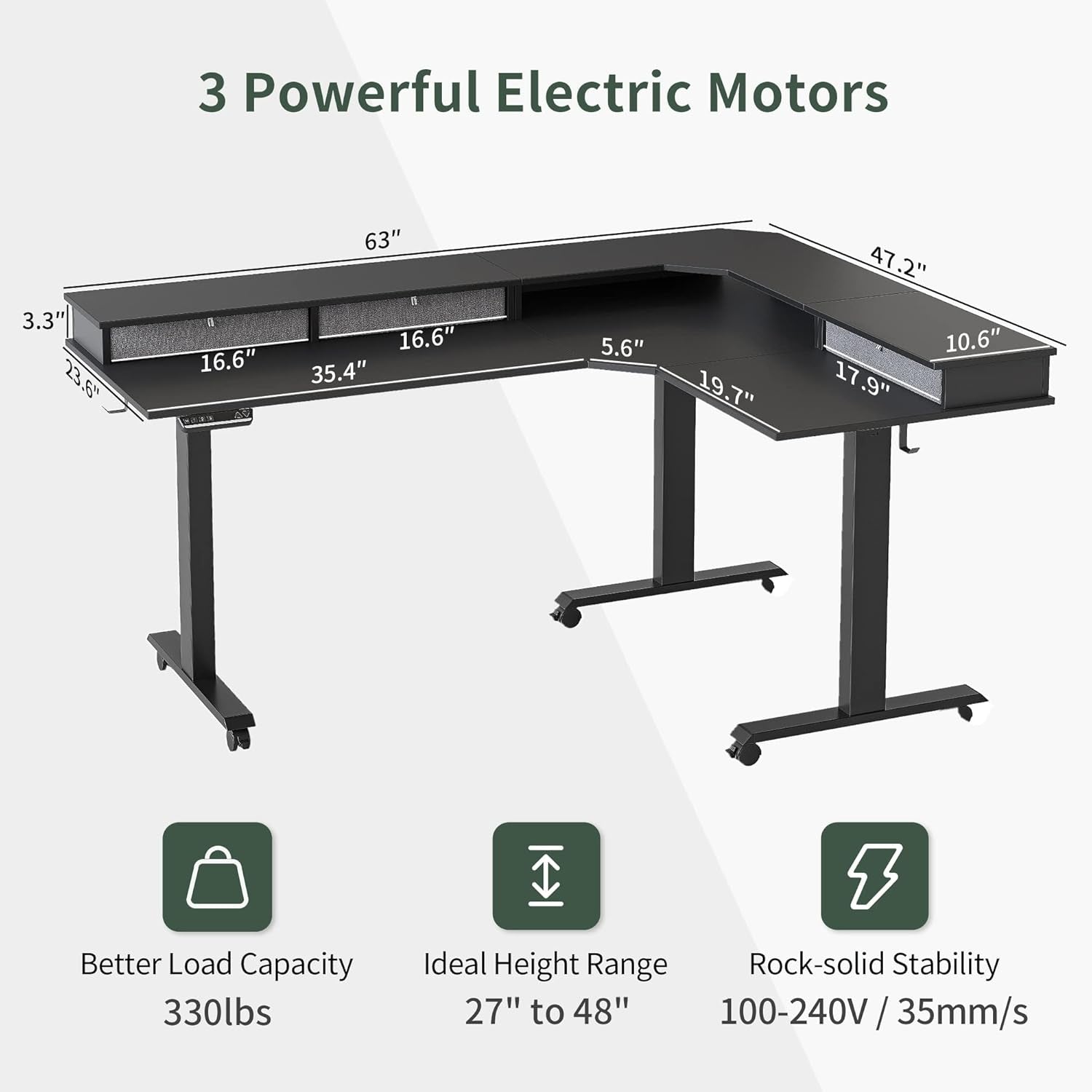 Triple Motor 63" L Shaped Standing Desk with 3 Drawers, Electric Standing Gaming Desk Adjustable Height, Corner Stand up Desk with Splice Board, Black Frame/Black Top