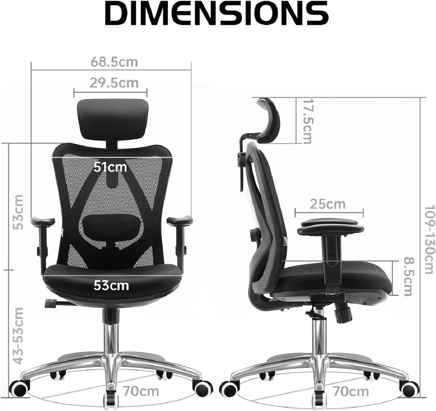 M18 Ergonomic Office Chair for Big and Tall People Adjustable Headrest with 2D Armrest Lumbar Support and PU Wheels Swivel Tilt Function Black