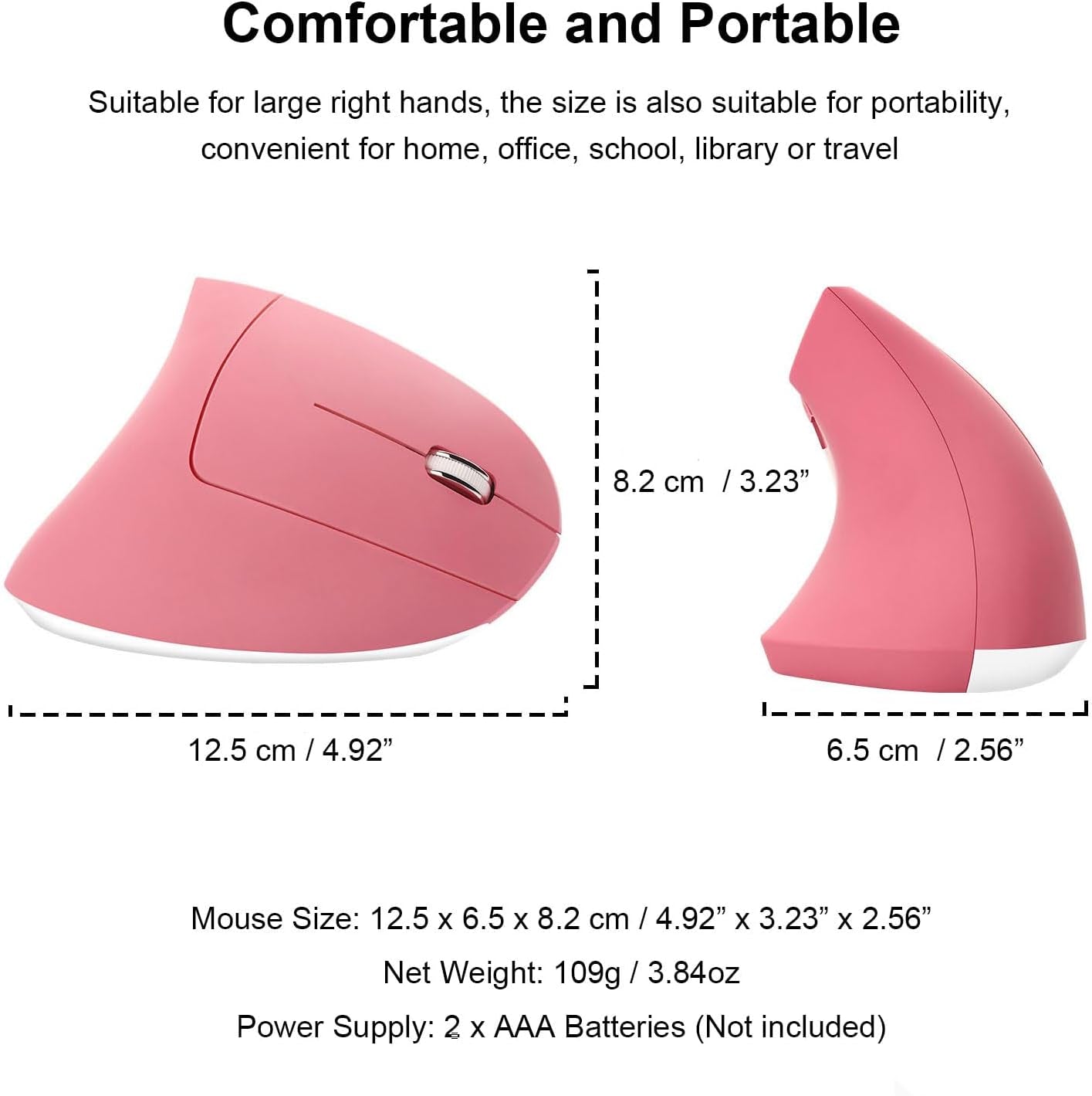 Ergonomic Wireless Vertical Mouse Ergo Optical 2.4G Cordless Mouse Portable Travel Mice with 6 Buttons 3 Adjustable DPI 800/1200/1600 for PC Laptop Desktop (Pink)