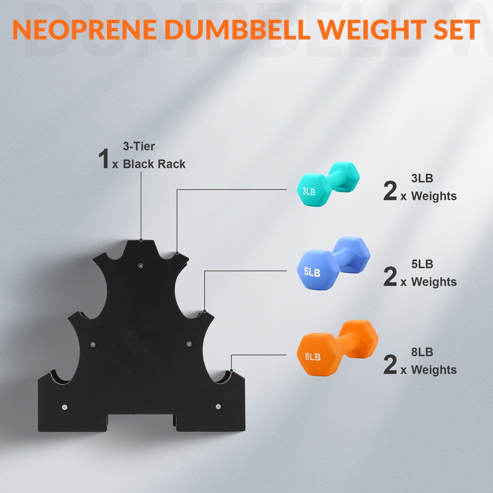 Dumbbell Set with Stand (3Lbs, 5Lbs, 8Lbs Set)
