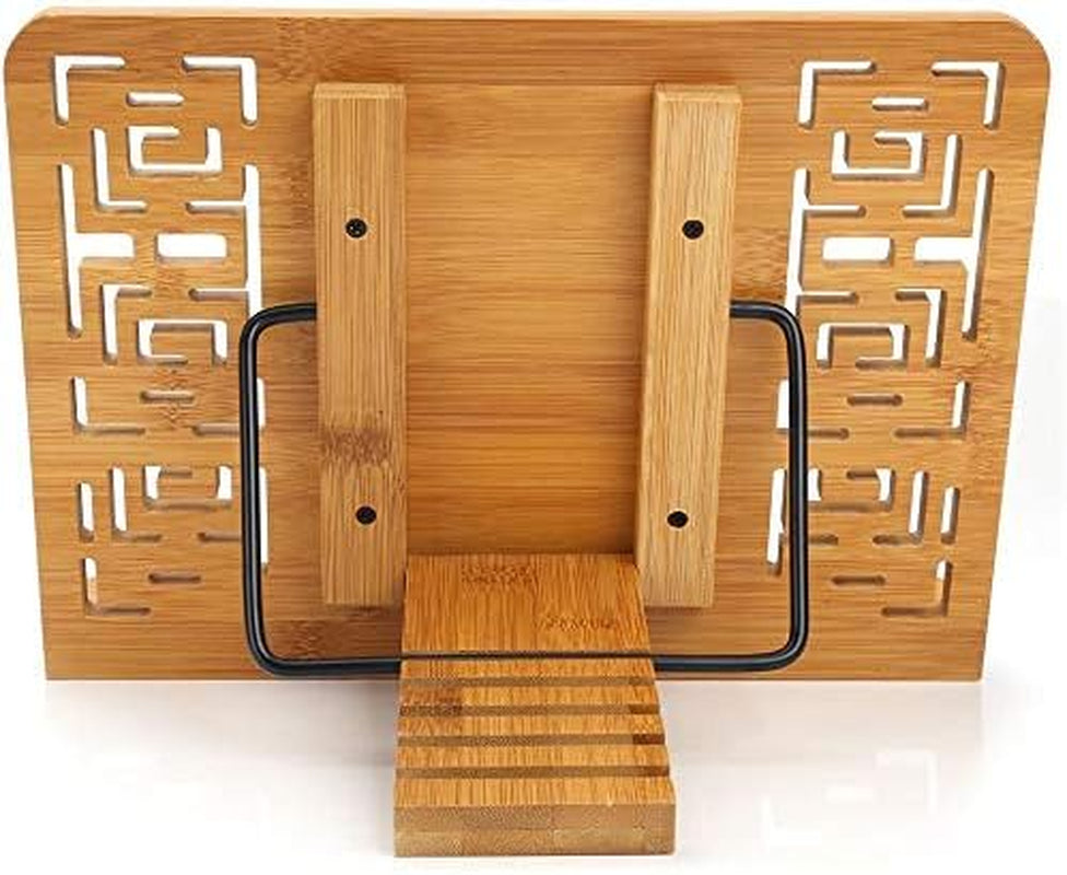 Bamboo Book Stand Reading Rest Holder Cookbook Cook Stand/Foldable Tablet PC Textbook/Music Document Stand/Desk Bookrest with Retro Hollow Elegant Pattern