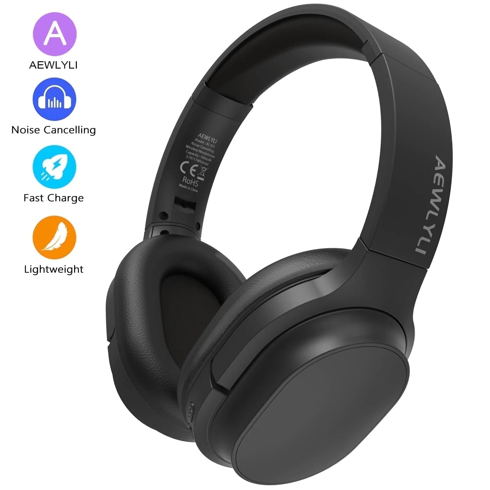 Noise Cancelling Headphones, Bluetooth over Ear Headphones, Wireless Foldable Stereo Microphone, S31 - Black