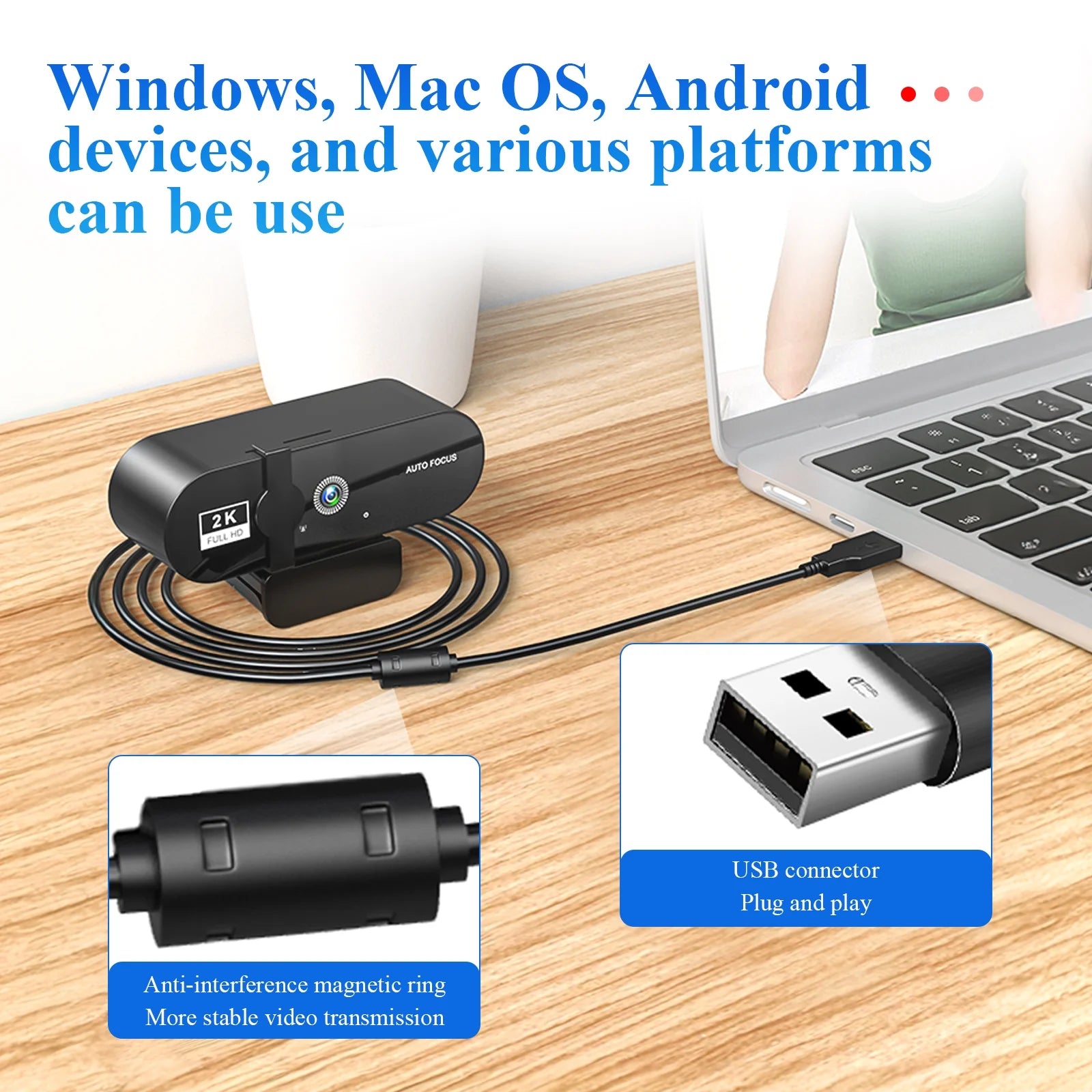 Webcam,2K HD Webcam for PC with Microphone USB Auto Focus for Recording Conference Calls Games