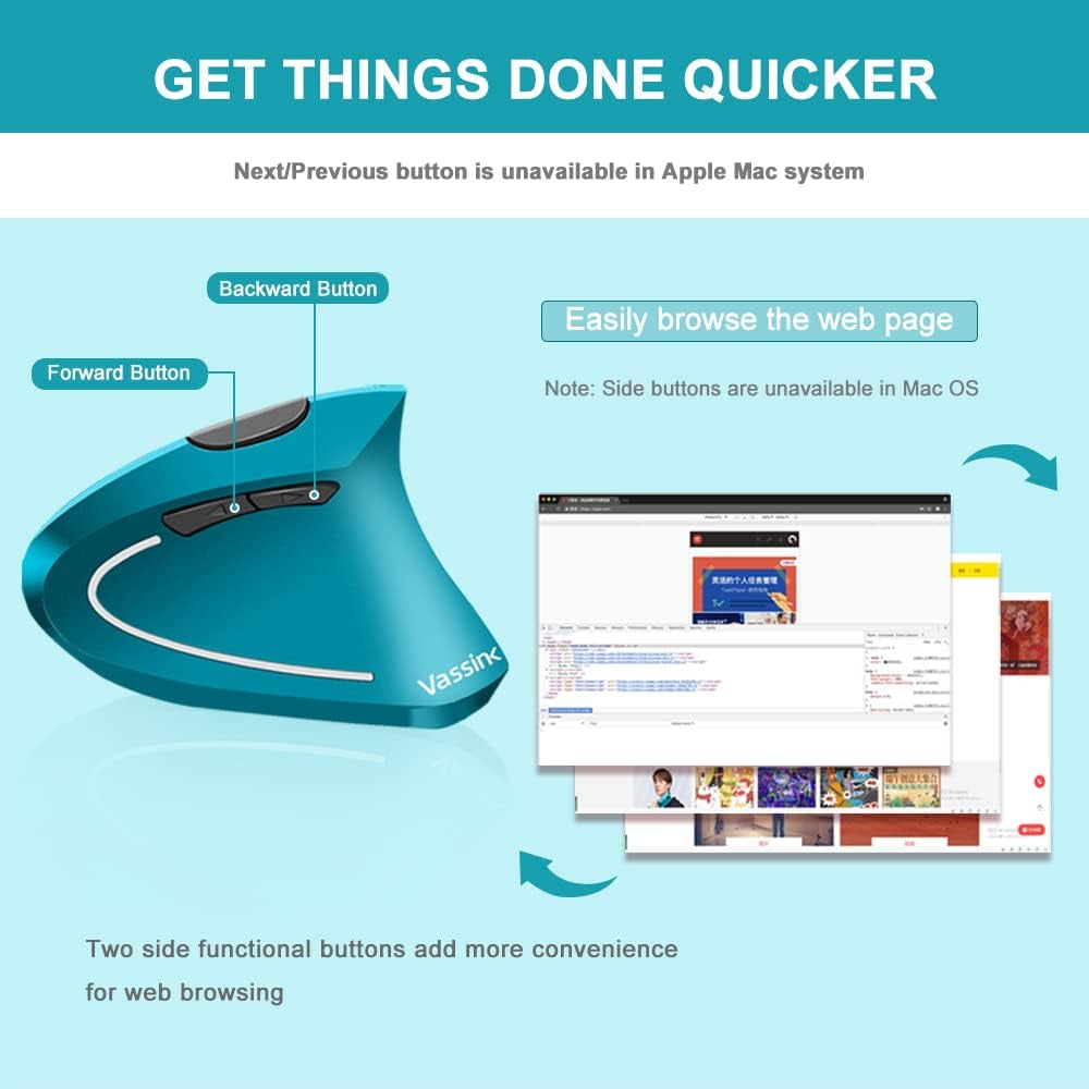 Ergonomic Wireless Mouse, Rechargeable Mouse 2.4Hz Vertical Wireless Optical Mice with USB Receiver, 6 Buttons for Pc,Laptop,Etc Blue