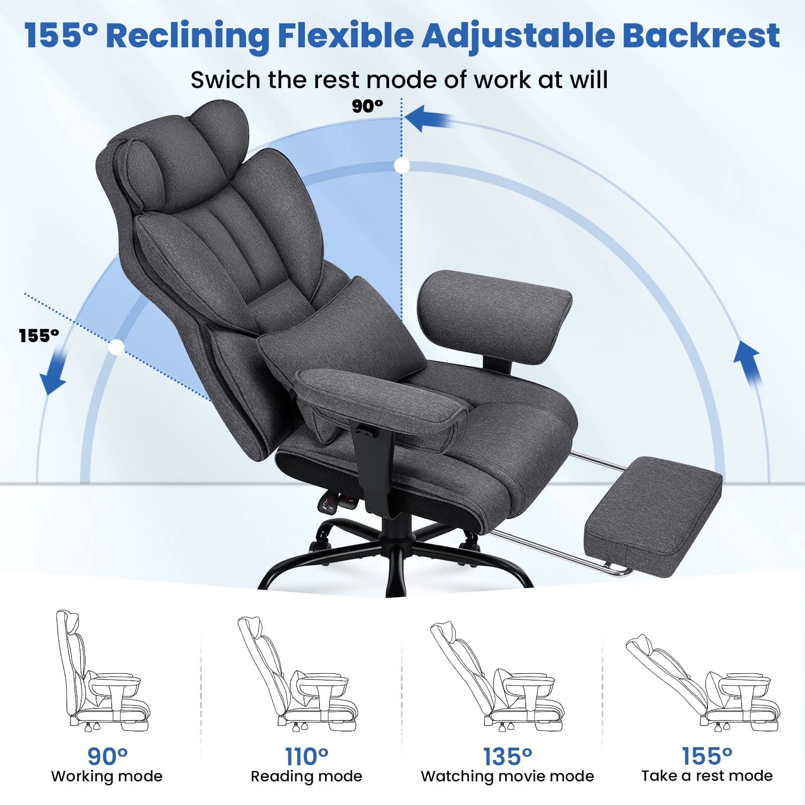 Big and Tall Fabric Office Chair 450Lbs, Executive Desk Chair with Massage Ergonomic Computer Chair with Footrest Reclining Desk Office Chair with Lumbar Support for Home Office
