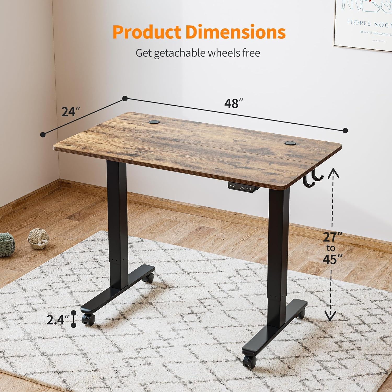 48'' Electric Standing Desk,Adjustable Height Stand up Desk,Sit Stand Home Office Desk, Rustic Brown Top