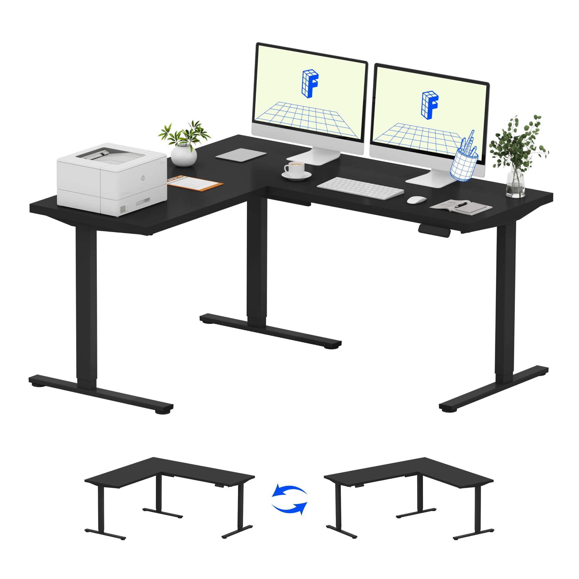 FLEXISPOT L Shaped Standing Desk, 63 x 55 Inch Electric Height Adjustable Corner Desk, Sit Stand Computer Workstation, Preset Controller, Home Office, Black Frame with Black Top