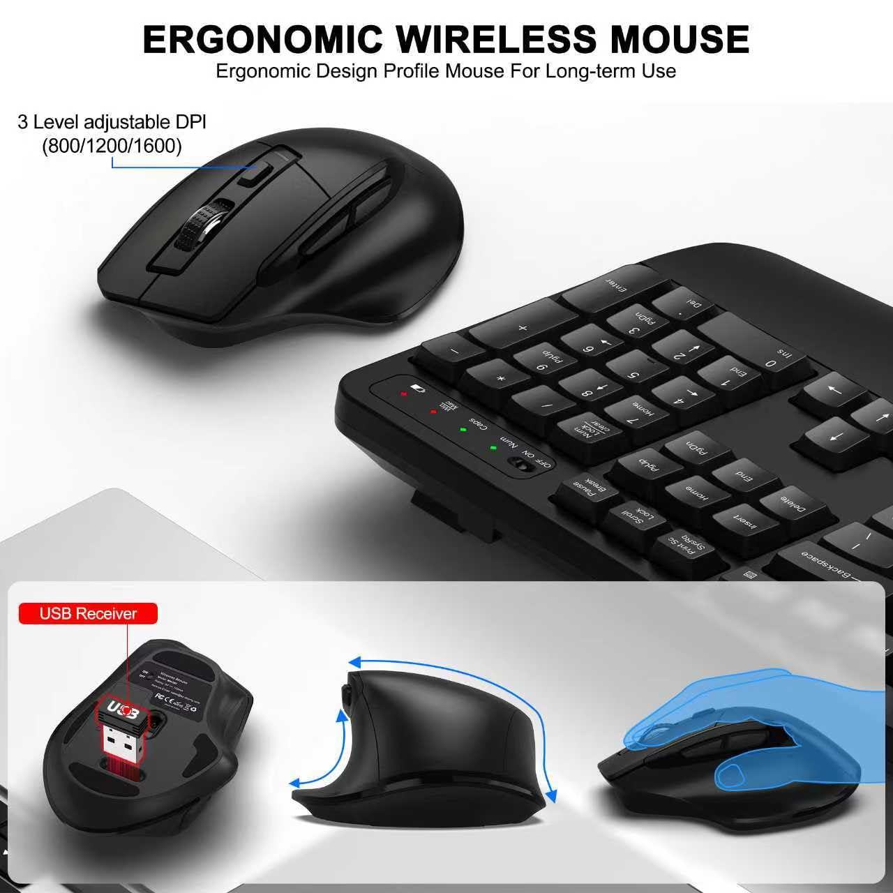 Wireless Keyboard and Mouse Combo, 2.4G Full Size Wave Keys Ergonomic Keyboard with Wrist Rest and 3-Level DPI Adjustable Wireless Ergonomic Mouse for Windows, Mac OS Desktop/Laptop/PC(Black)