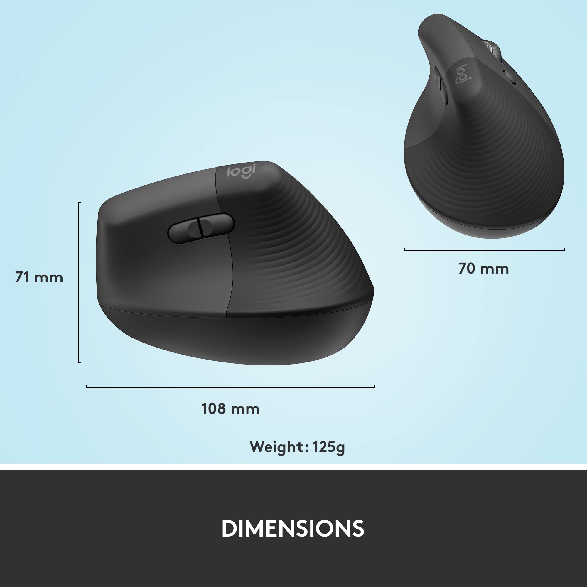 Logitech Lift Vertical Ergonomic Mouse, Wireless Bluetooth or USB Receiver, Quiet Clicks, 4 Buttons, Right Hand Wireless Mouse, Windows/macOS/iPadOS, Laptop, PC - Graphite