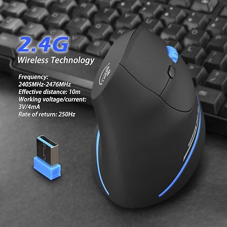 ZLOT Vertical Wireless Mouse,2.4G USB Optical Ergonomic Mice with 3 Adjustable DPI 1000/1600/2400 and 6 Buttons for Laptop, PC, Computer, Desktop, Black