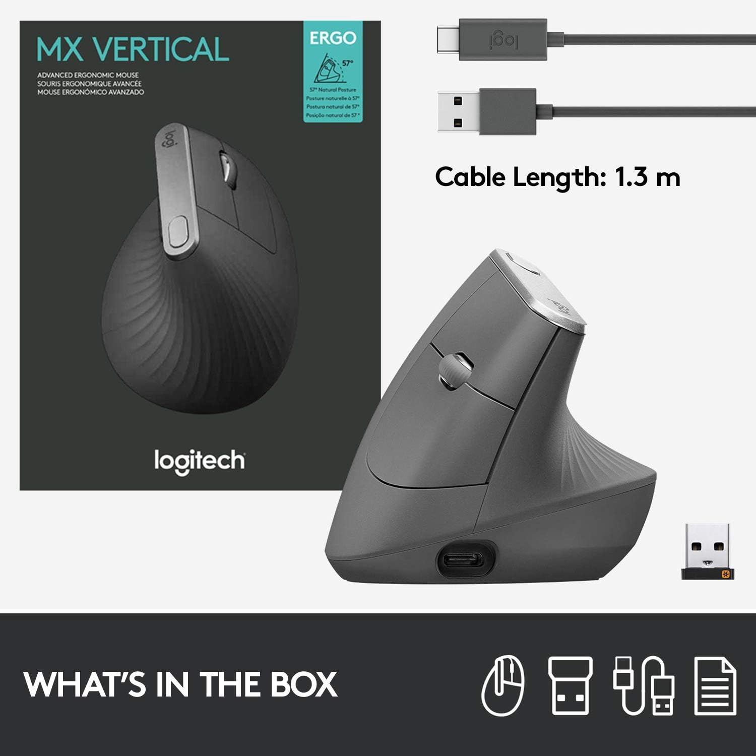 Logitech MX Vertical Wireless Mouse – Ergonomic Design Reduces Muscle Strain, Move Content Between 3 Windows and Apple Computers, Rechargeable,