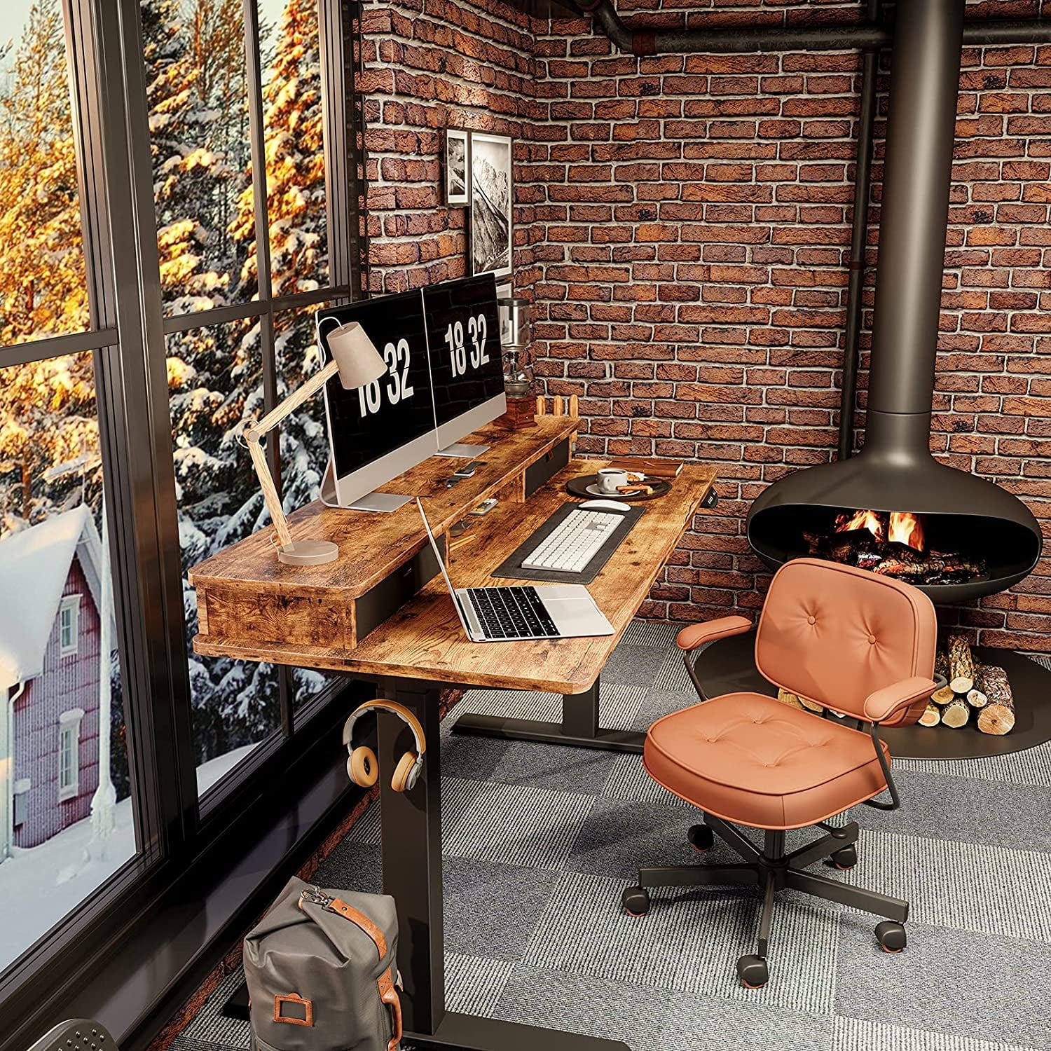 55 X 24 Inch Height Adjustable Electric Standing Desk with Double Drawer, Stand up Table with Storage Shelf, Sit Stand Desk with Splice Board, Black Frame/Rustic Brown Top