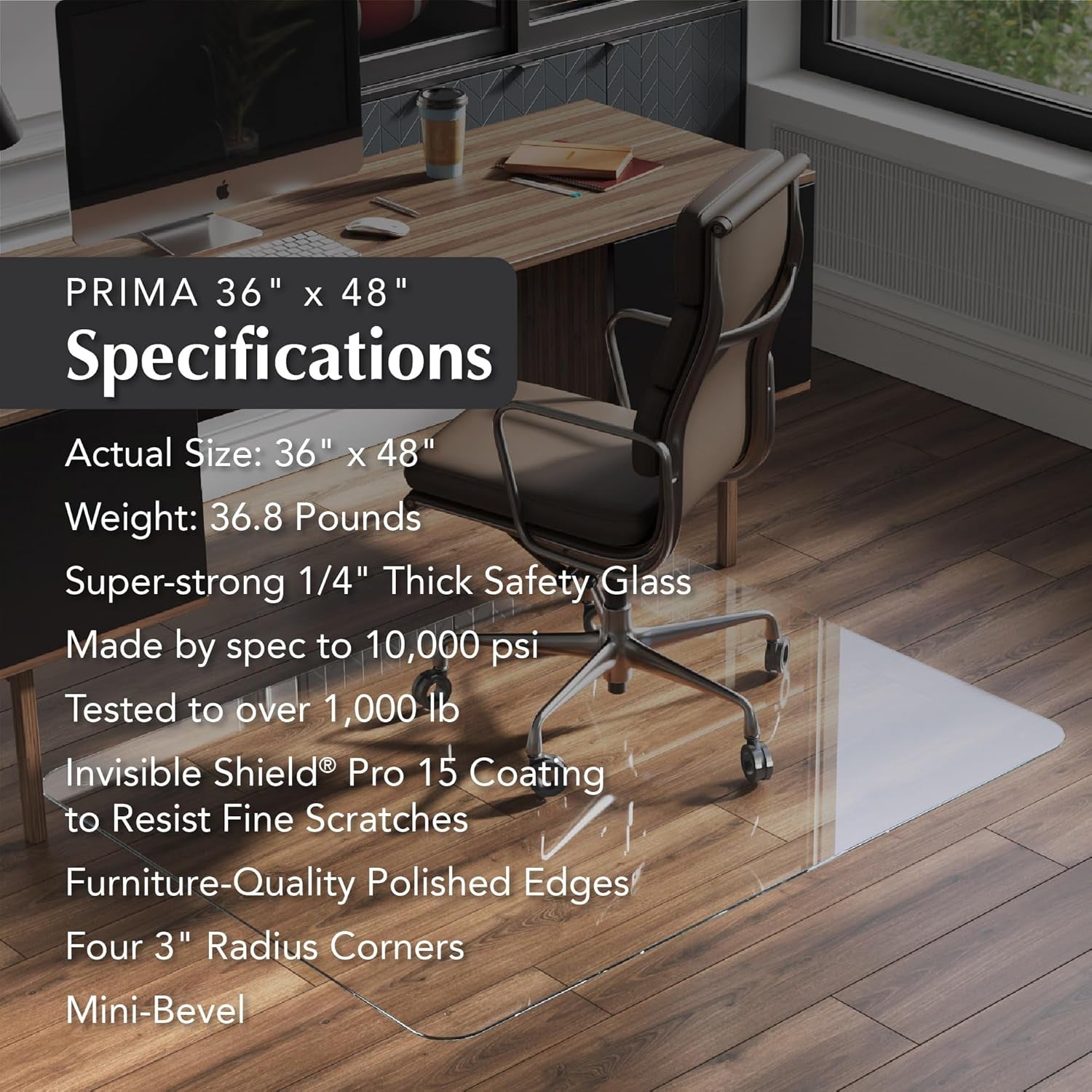 Glass Office Chair Mat – 36” X 48” Desk Mat with Clear Safety Glass/Creates Smooth, Easy Glide/Protects against Carpet Imprints/Perfect for Home and Office Spaces (Chiaro Standard Clear)