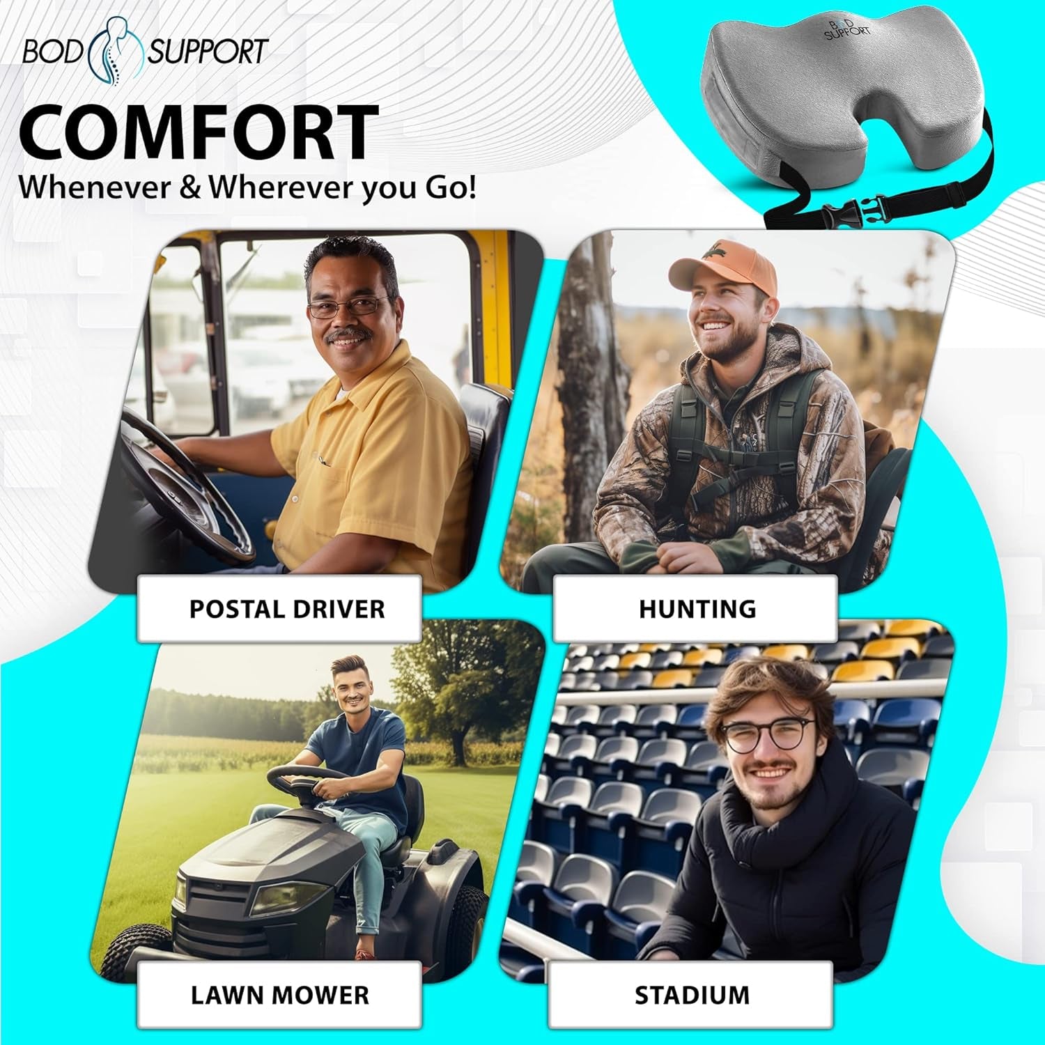 Seat Cushion with Straps - Seat Cushions for Office Chairs, Car Seat Cushion for Tailbone Pain Relief Cushion Design to Relieve Sciatica Coccyx Design from Prolonged Sitting (Grey)