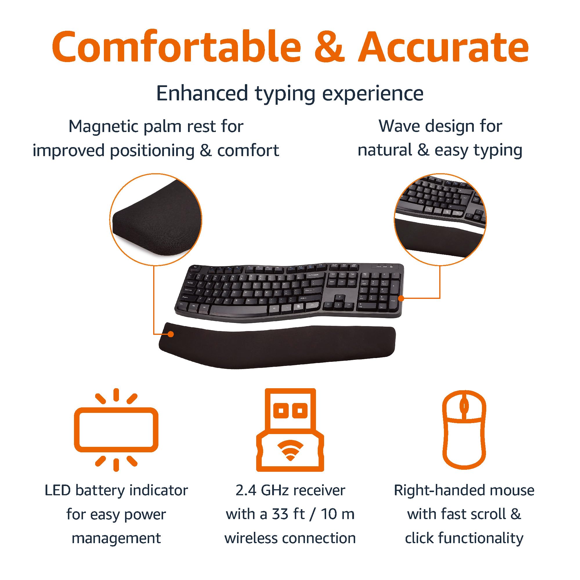 Amazon Basics Ergonomic Wireless Keyboard and Mouse Combo for Comfortable PC and Laptop Use, 2.4 GHz USB, Black