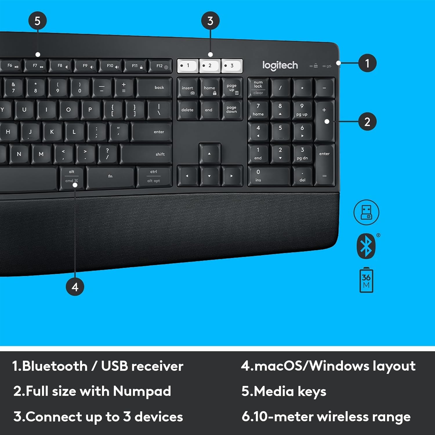 Logitech MK850 Performance Wireless Keyboard and Mouse Combo for Windows, macOS & ChromeOS, Bluetooth & 2.4 GHz USB Receiver, Full-Size Ergonomic Keyboard, Multi-Device, Cushioned Palm Rest