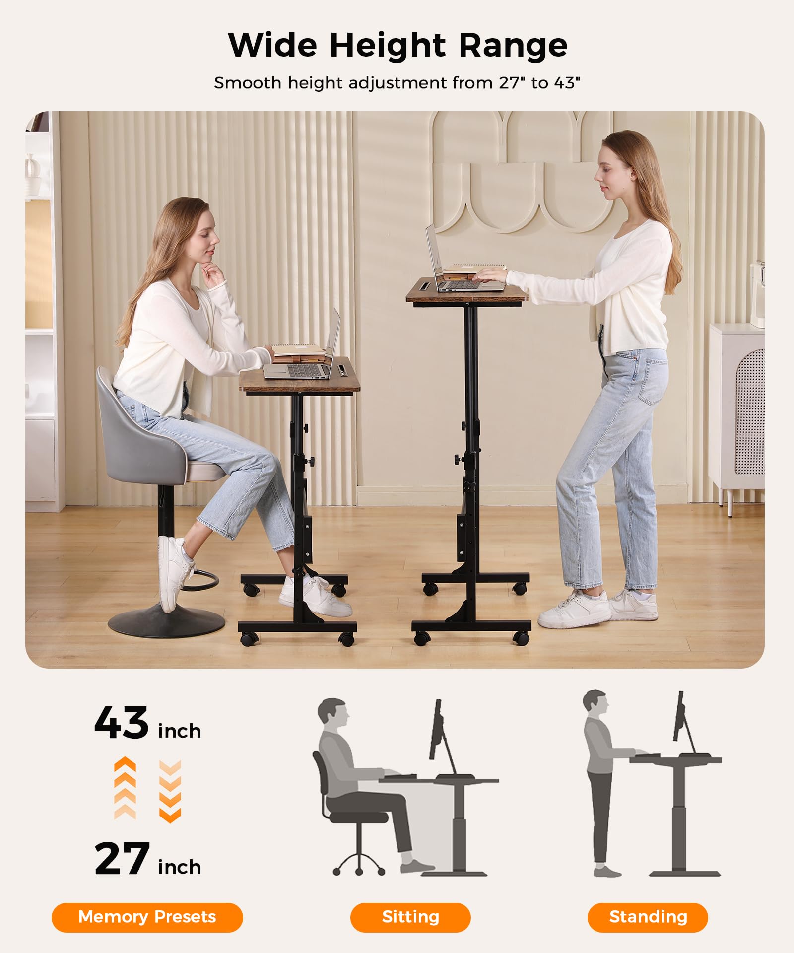 Standing Desk Adjustable Height, Mobile Stand Up Desks with Wheels Small Computer Desks Rolling Desk, Portable Laptop Desks Rustic Standing Table Sit Stand Home Office Desks 16"x31.5" Height 27"-43.5"