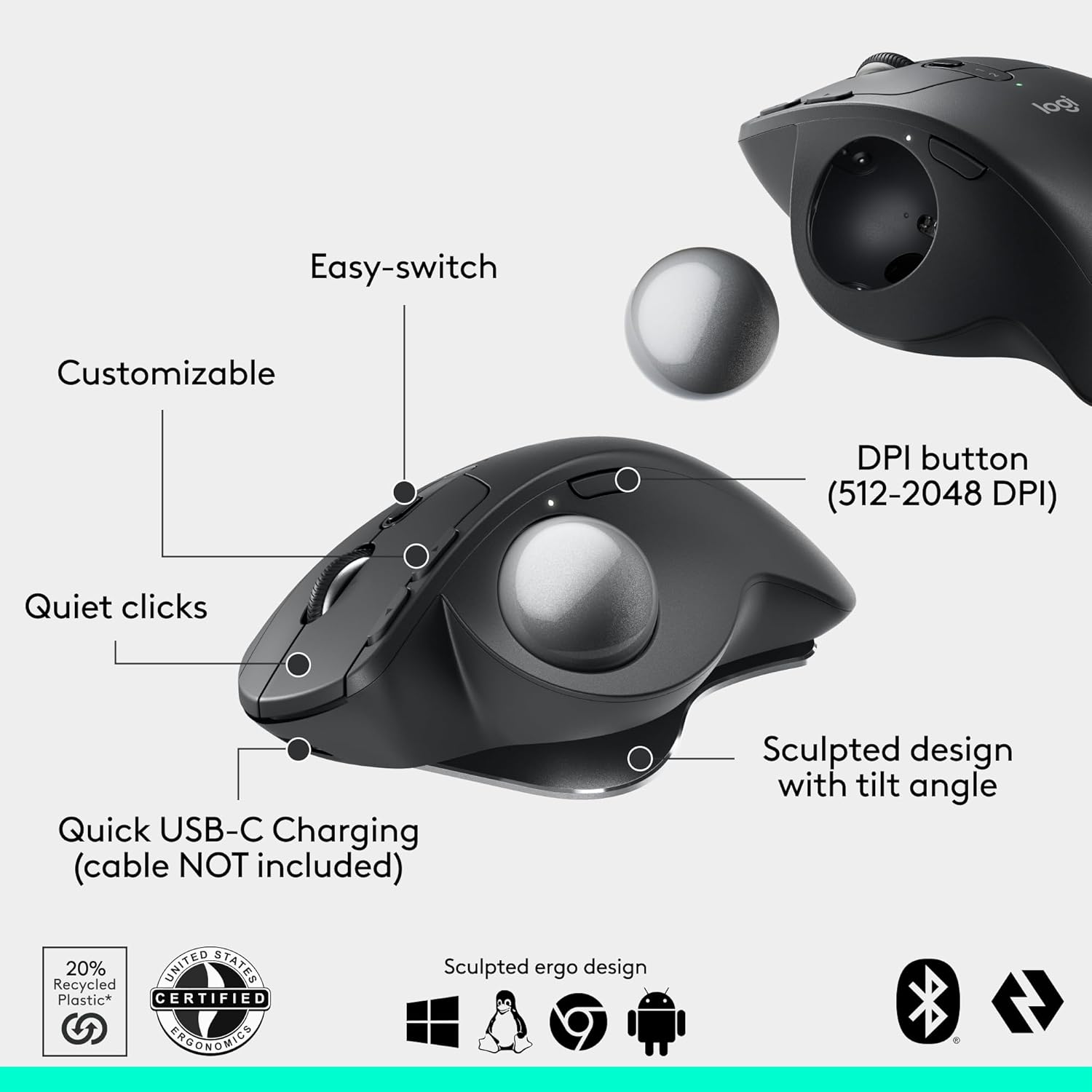 Logitech MX Ergo S Advanced Wireless Trackball Mouse, USB-C Rechargeable Wireless Ergonomic Mouse with Bluetooth and Encrypted Dongle, 6 Programmable Buttons, for PC/Mac