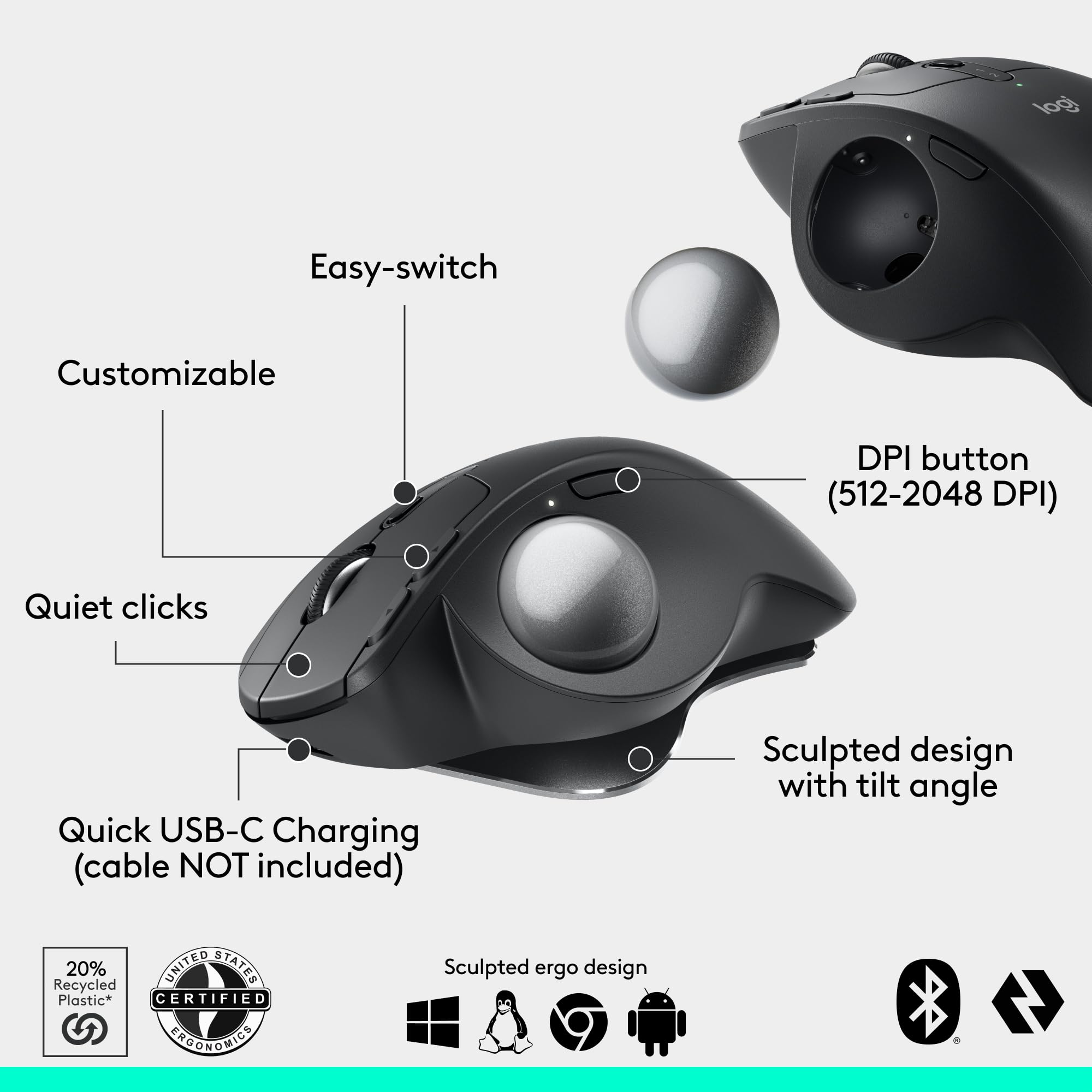 Logitech MX Ergo S Advanced Wireless Trackball Mouse, USB-C Rechargeable Wireless Ergonomic Mouse with Bluetooth and Encrypted Dongle, 6 Programmable Buttons, for PC/Mac - Graphite
