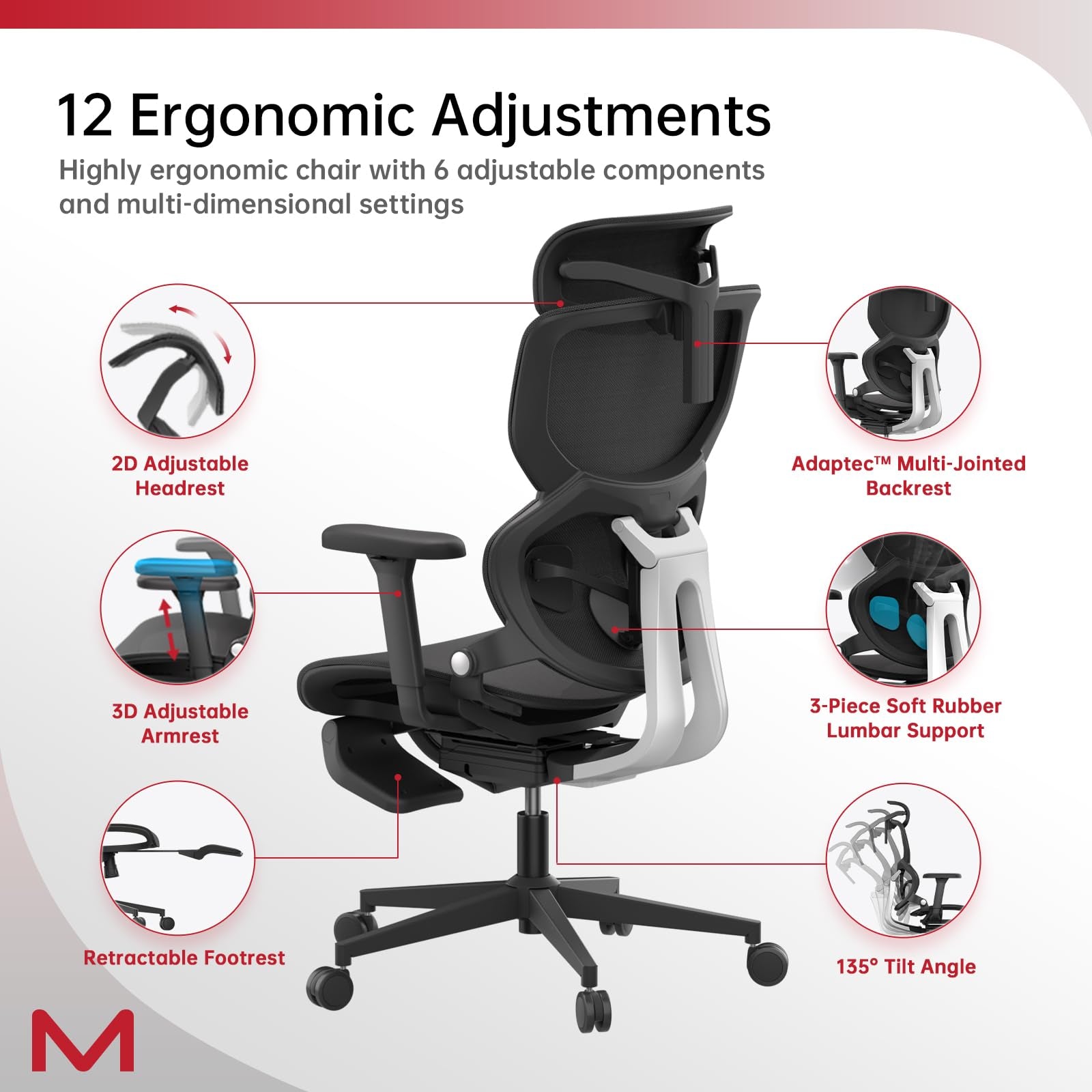 Ergonomic Office Chair with Footrest Home Office Chair with Soft Rubber Lumbar Support Tilt Mesh Computer Chair