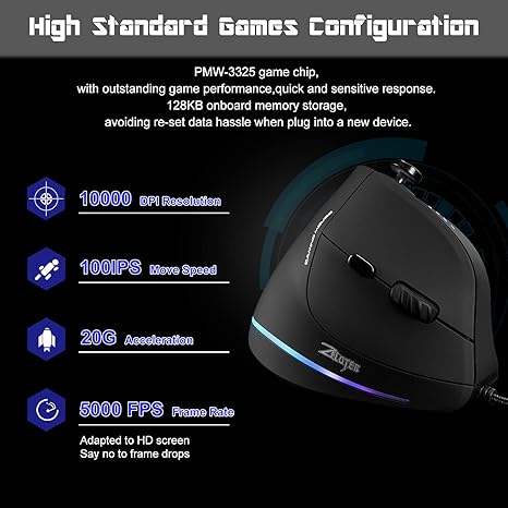 TRELC Gaming Mouse with 5D Rocker - Ergonomic Vertical Wired Mouse with 10000 DPI & 11 Programmable Buttons for PC/Laptop/E-Sports (Black)