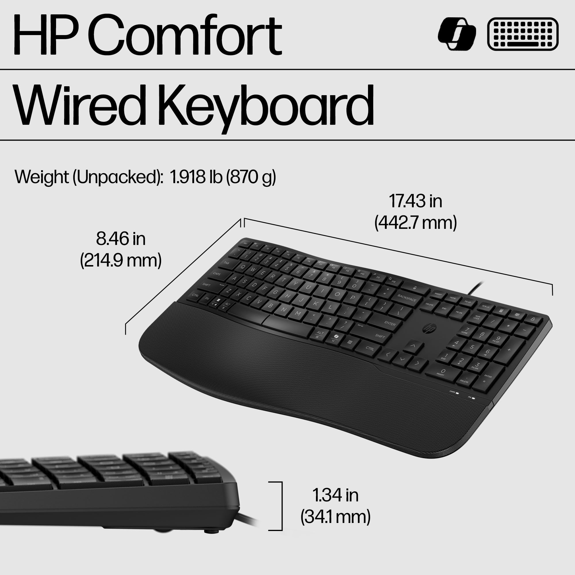 HP 480 Comfort Wired Keyboard - Plug & Play Keyboard, Connect to PC or Laptop with USB-A Cable - Windows, MacOS, & ChromeOS Compatible - 3 Adjustable Angles & 23 Programmable Keys Responsibly Made