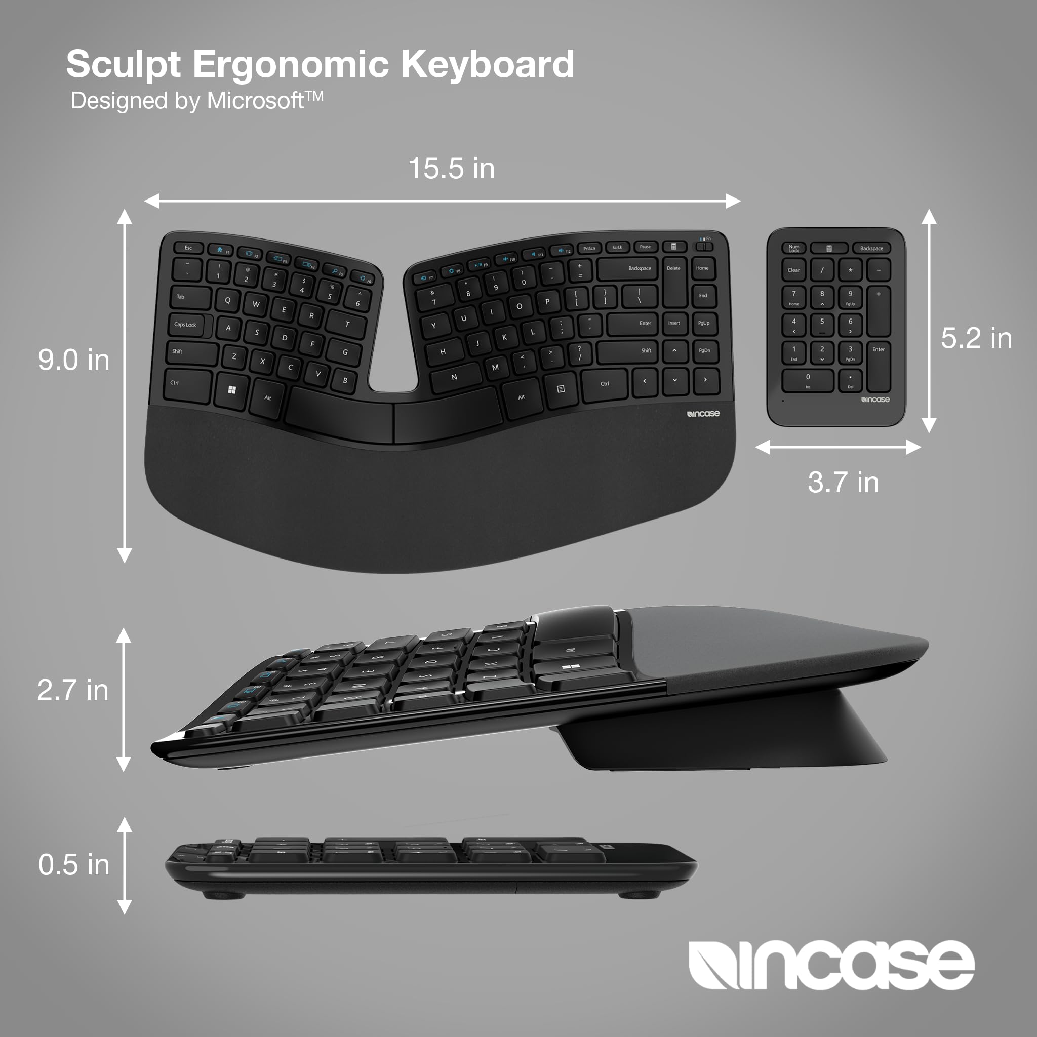 Incase Sculpt Ergonomic Keyboard – Designed by Microsoft – Split Keyset Design, Palm Rest, Contoured Layout, One-Touch Windows Button, AES 128-Bit Encryption, Includes Separate Number Pad – Black