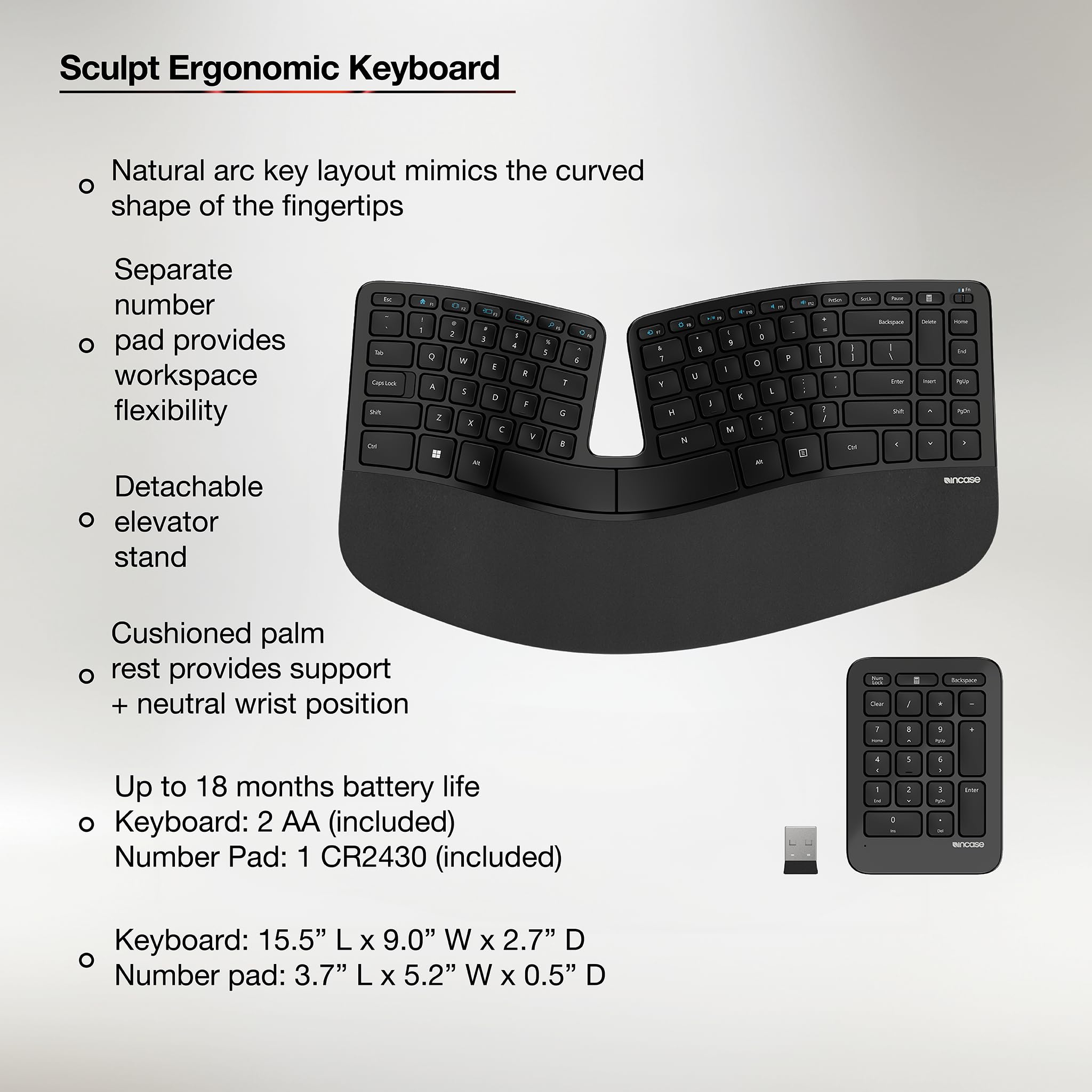 Incase Sculpt Ergonomic Keyboard – Designed by Microsoft – Split Keyset Design, Palm Rest, Contoured Layout, One-Touch Windows Button, AES 128-Bit Encryption, Includes Separate Number Pad – Black