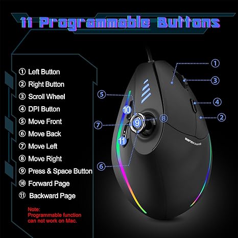 TRELC Gaming Mouse with 5D Rocker - Ergonomic Vertical Wired Mouse with 10000 DPI & 11 Programmable Buttons for PC/Laptop/E-Sports (Black)
