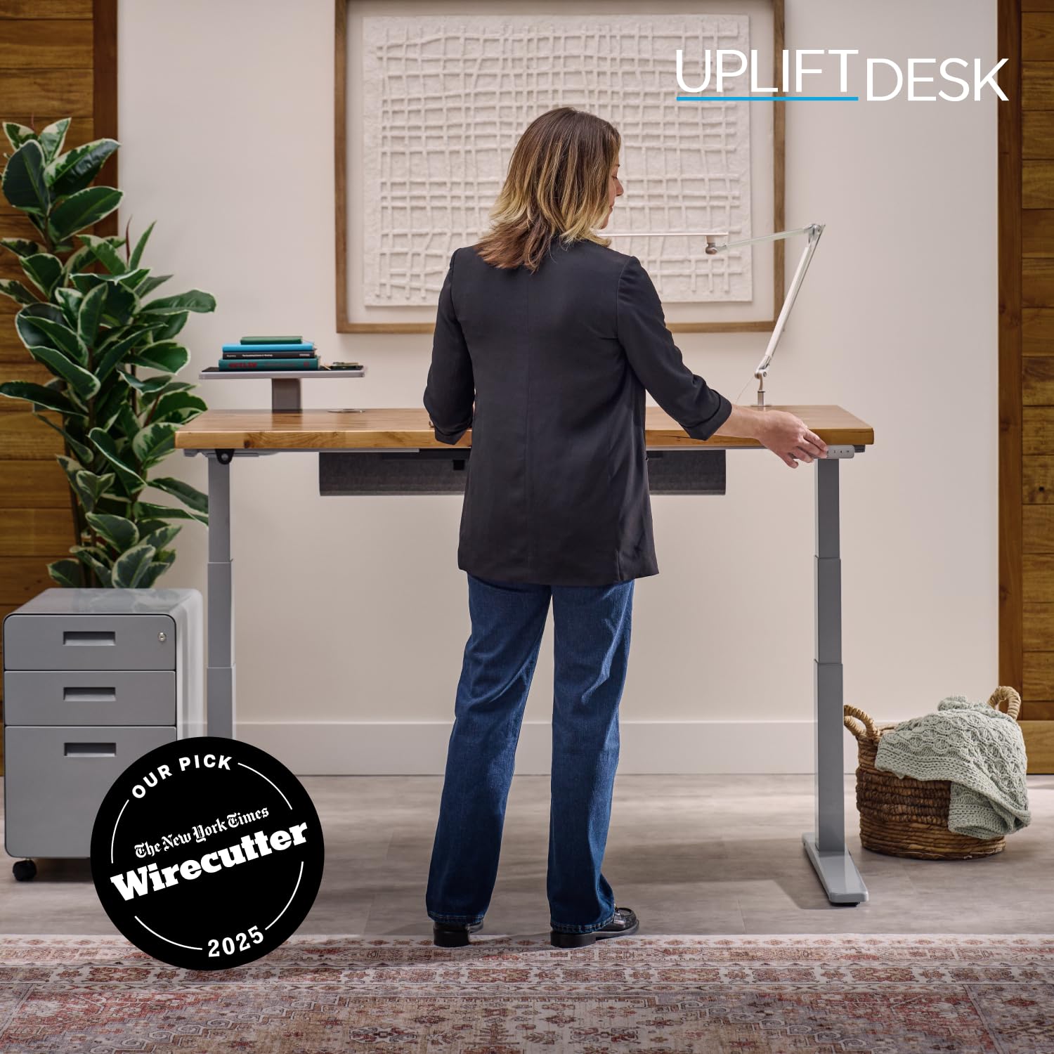 UPLIFTDESK V3 2-Leg Black Laminate Wood Standing Desk – Adjustable Height, Advanced 1-Touch Memory Keypad, Under Desk Cable Management, Wire Grommets & Rocker Board (Black C-Frame, 60 x 30 inch)